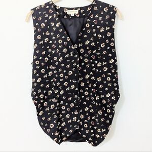 Vintage Ann Taylor Floral Print Vest Button Front Curved Hem Black Small S